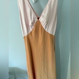 Peppermayo Two-Tone Satin maxi Slip — Blush Pink and Camel
